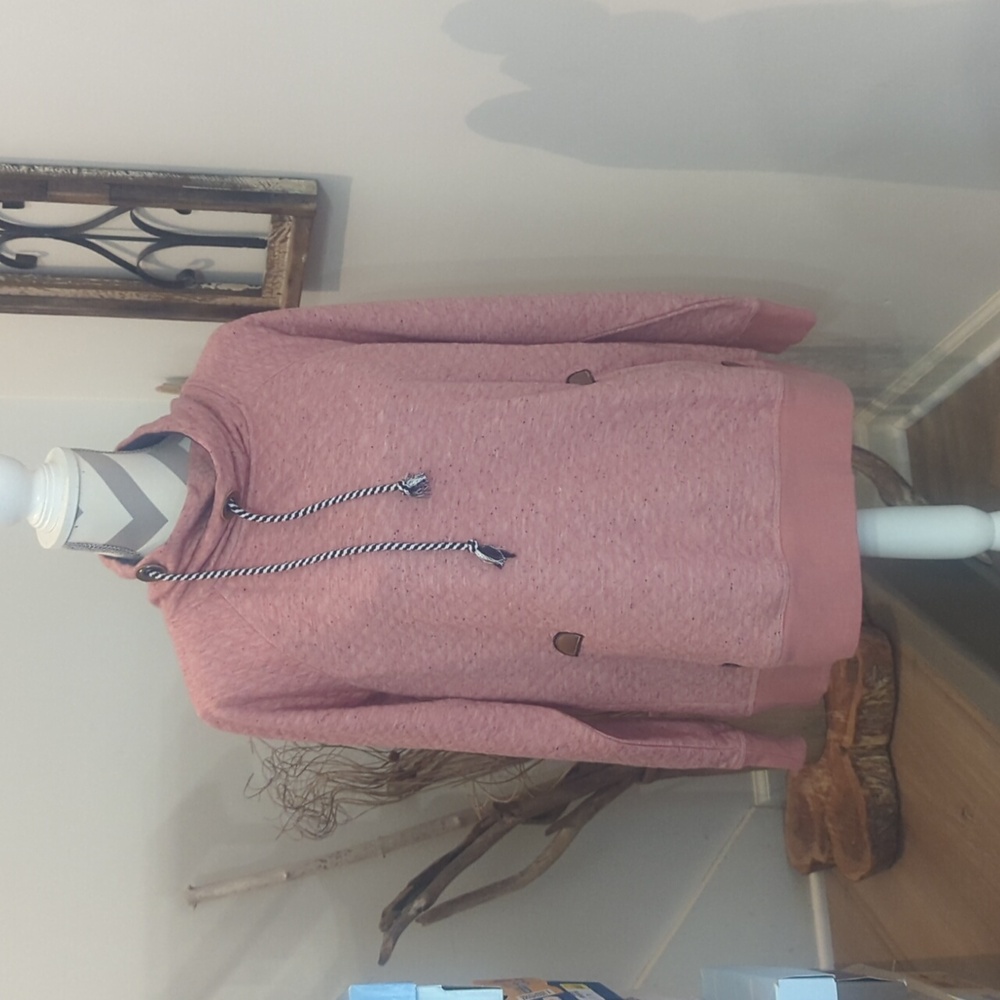 Women's  large heather salmon/ navy colored sweatshirt with a pouch pocket